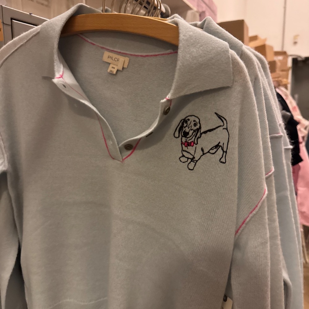 Blue Anthropologie Polo Cashmere Sweater with Embroidered Dachshund - Picture 3 of 3